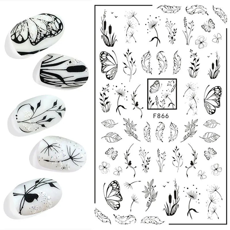 3D Nail Sticker – Tropische Blätter & Linien Design Schwarz & Weiß