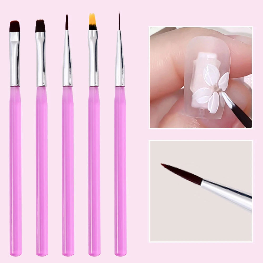 5er-Set Nail Art Liner Pinsel – Rosa, ultrafein für French & Linien (7/10/12/15/20mm)