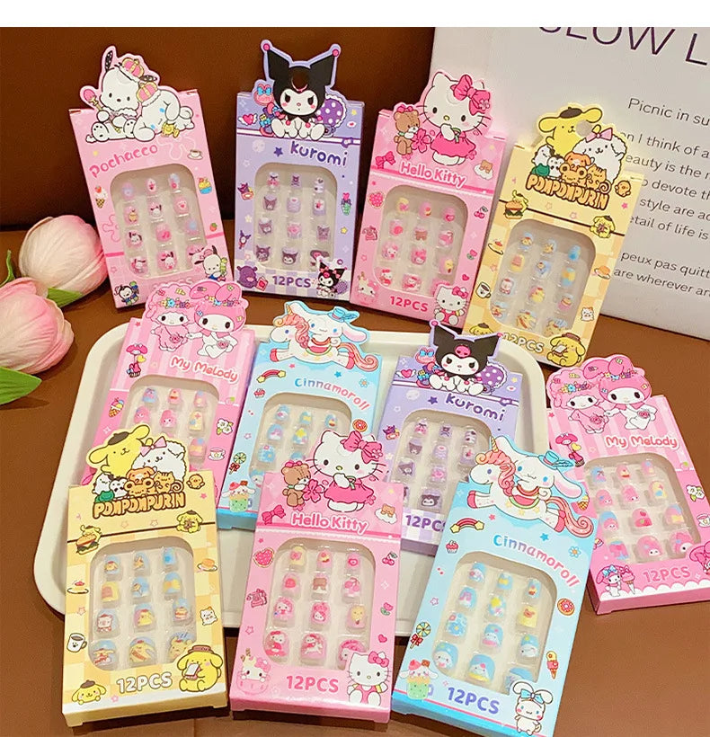 Sanrio Kinder Press-On Nägel – 12 Stück, Hello Kitty, Kuromi, Cartoon Design