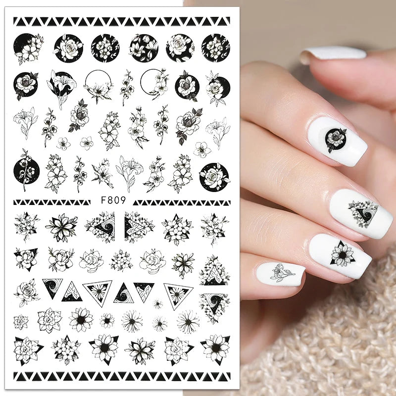1PCS New 3D Devil's Eye Snake Nail Stickers Nail Art Decoration Black White Flowers Leaves Sticker Nail Art Decals Nail Parts