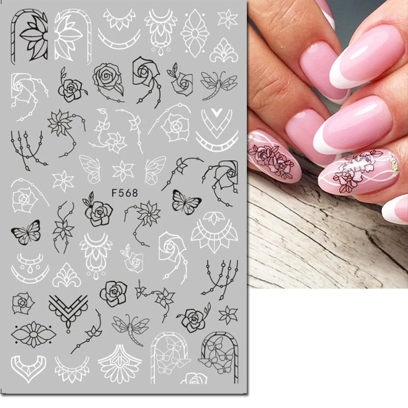 3D Nail Sticker – Tropische Blätter & Linien Design Schwarz & Weiß