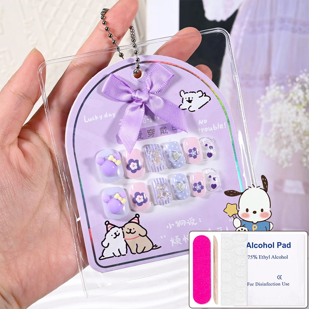 Sanrio Kinder Press-On Nägel – 12 Stück, Hello Kitty, Kuromi, Cartoon Design