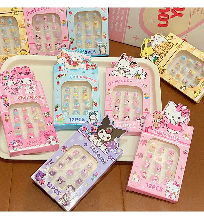 Sanrio Kinder Press-On Nägel – 12 Stück, Hello Kitty, Kuromi, Cartoon Design