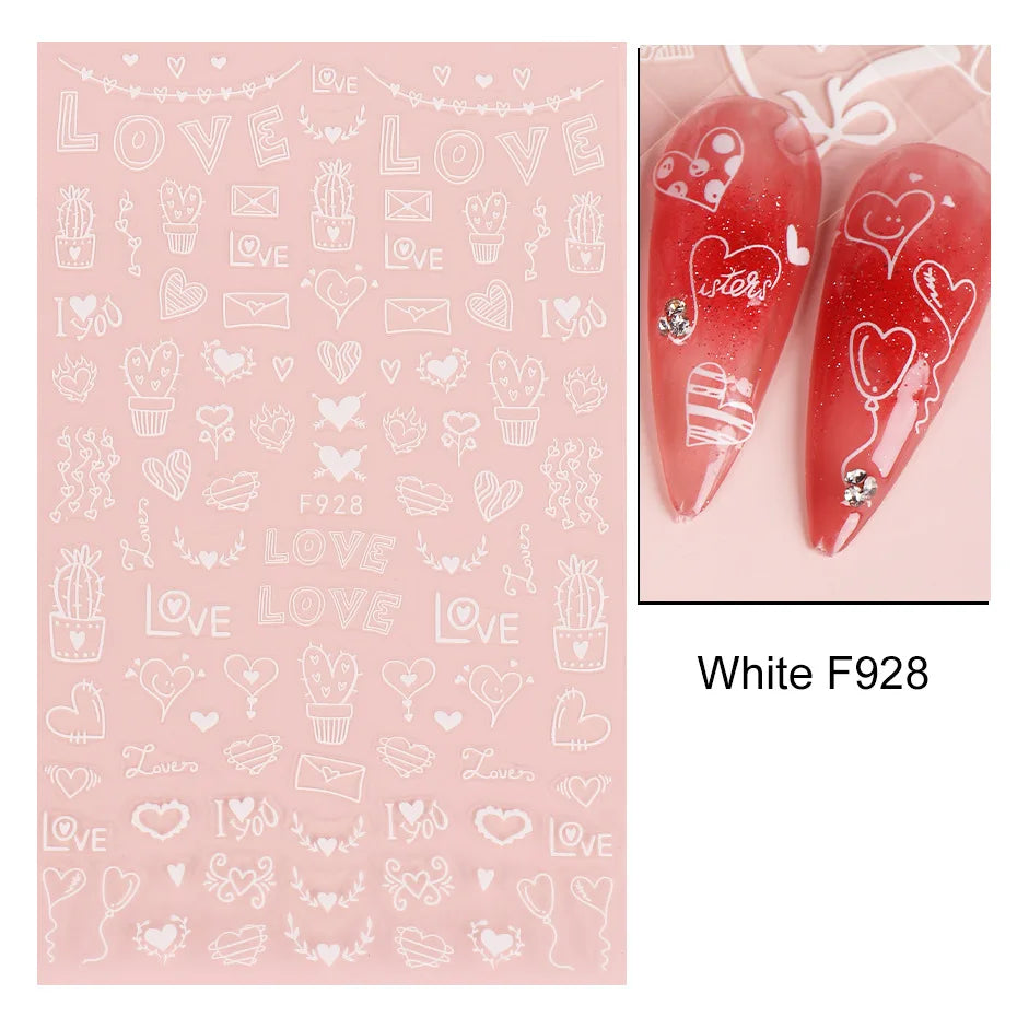 Love & Heart Valentine's Day Nail Stickers – Schwarz Weiß 3D Aufkleber