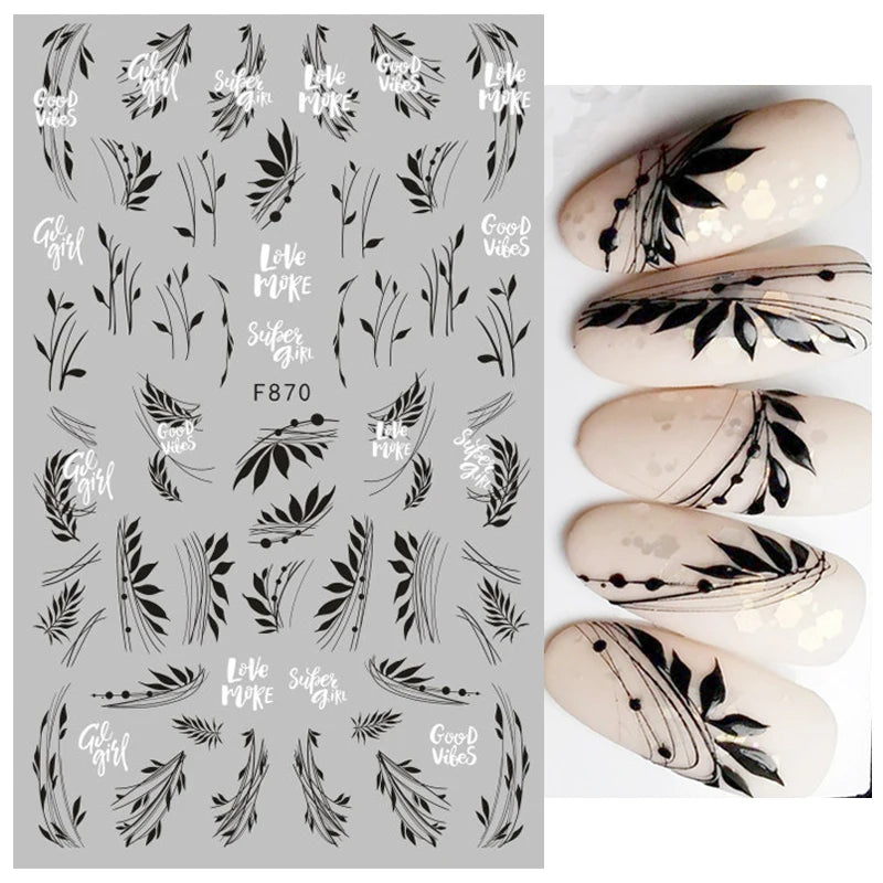 1PCS New 3D Devil's Eye Snake Nail Stickers Nail Art Decoration Black White Flowers Leaves Sticker Nail Art Decals Nail Parts