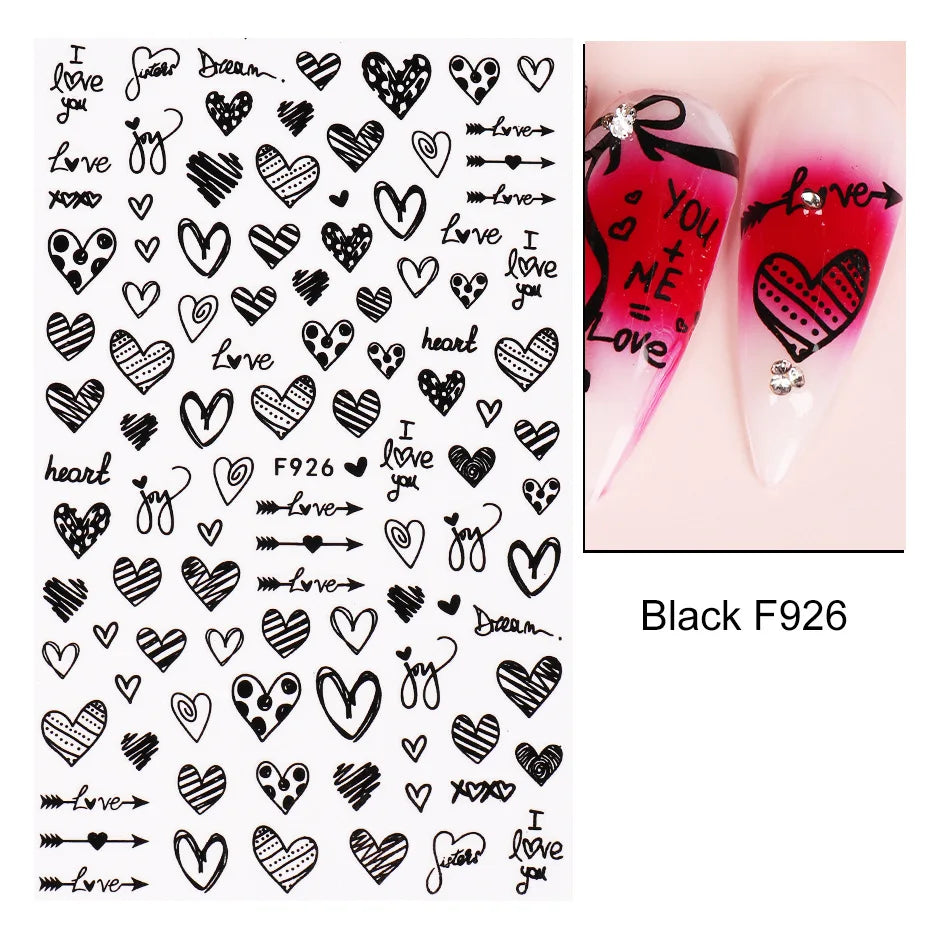Love & Heart Valentine's Day Nail Stickers – Schwarz Weiß 3D Aufkleber