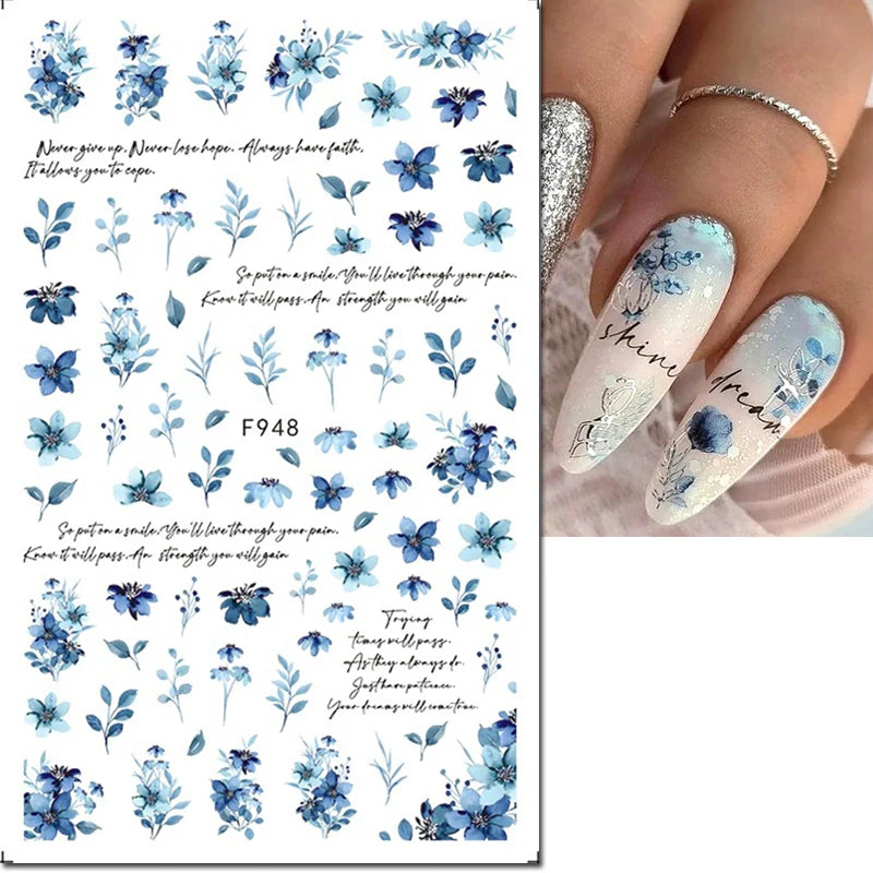 3D Nagelsticker Weißer Pflaumenblüten mit Goldperlen & Schmetterlingen