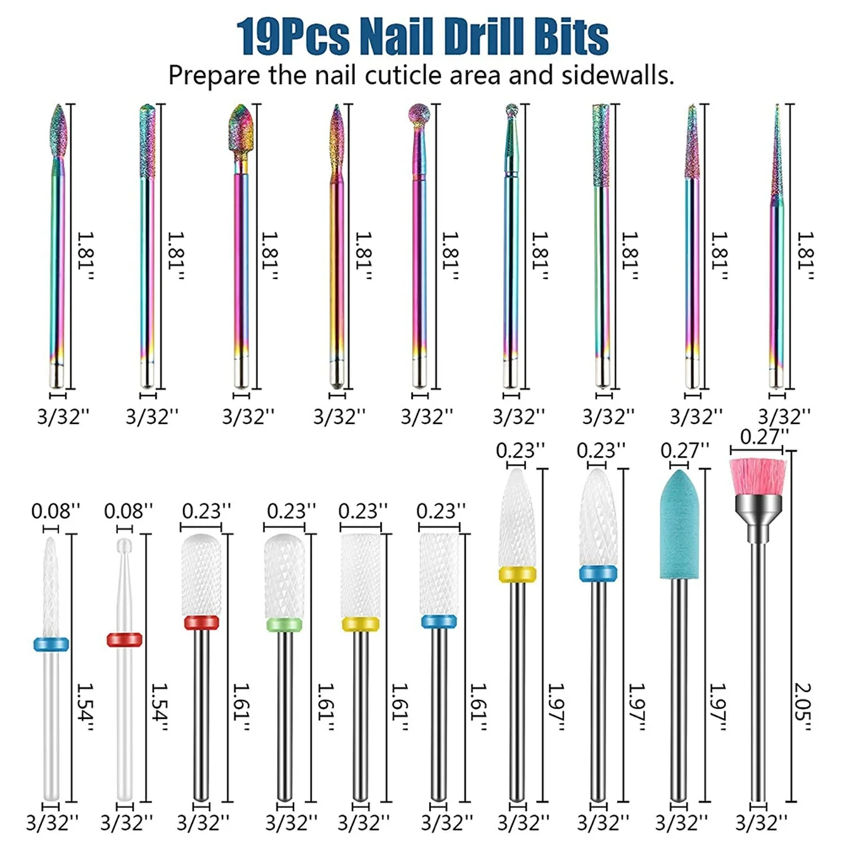 19-tlg. Fräser Set – Diamant & Keramik Bits 3/32 Zoll für elektrische Nagelfeile, Gelentfernung & Nagelhautpflege