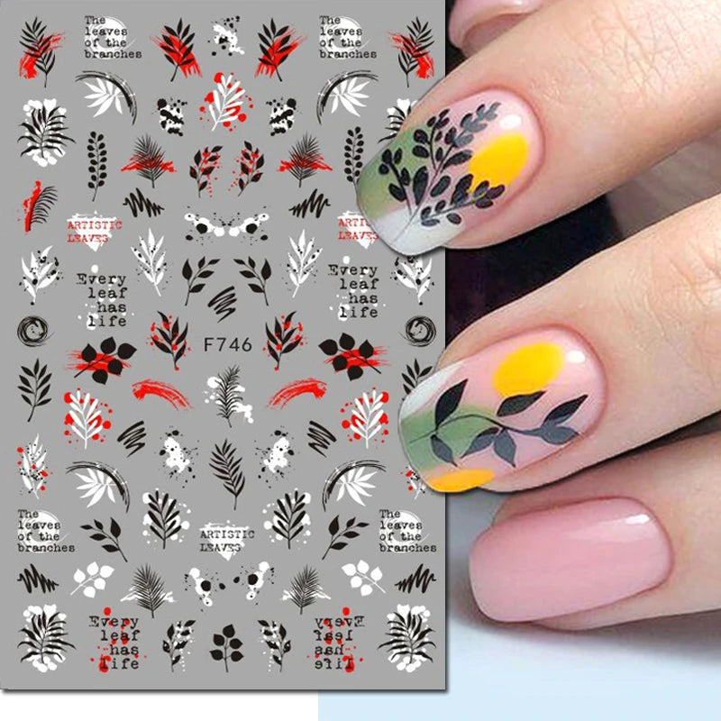 3D Nail Sticker – Tropische Blätter & Linien Design Schwarz & Weiß