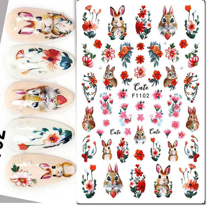 3d Nail Art Stickers Purple Lavenders Bunch Flowers Girls Rabbits Butterflys Decals For Nails Tips Decorations Manicures