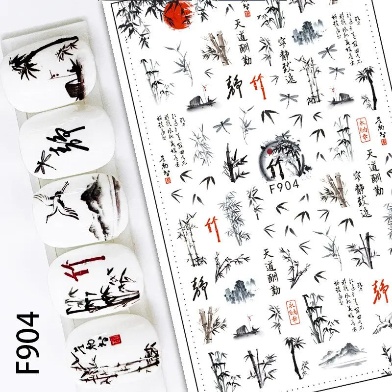 3D Nail Sticker – Tropische Blätter & Linien Design Schwarz & Weiß