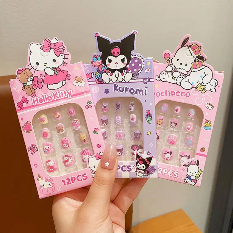 Sanrio Kinder Press-On Nägel – 12 Stück, Hello Kitty, Kuromi, Cartoon Design