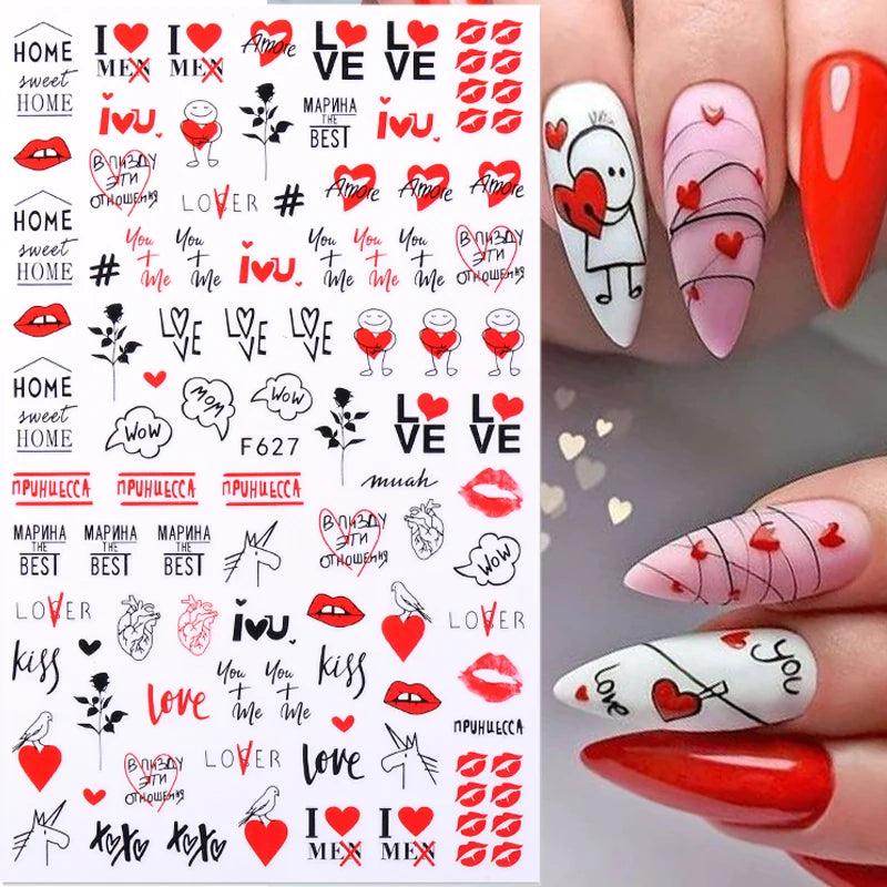 Love & Heart Valentine's Day Nail Stickers – Schwarz Weiß 3D Aufkleber
