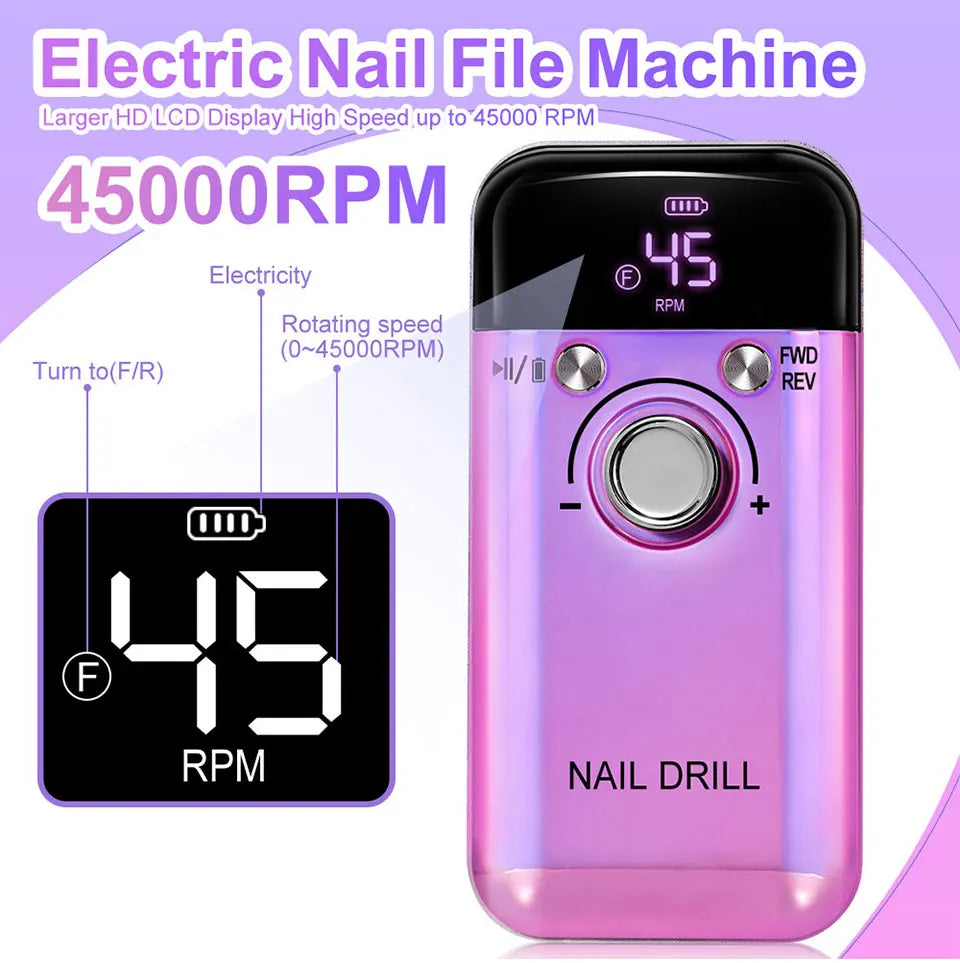 45000RPM Rechargeable Electric Nail Drill Machine Professional Nail Drills for Gel Nails Polish Portable Nail File Manicure Tool