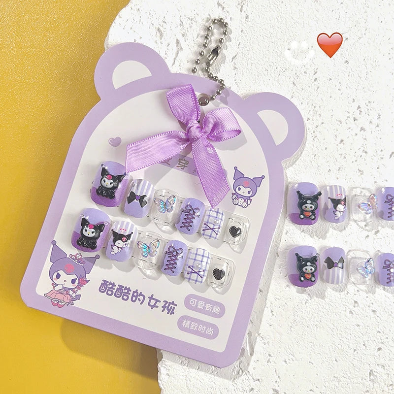 12pcs MINISO Children Press on False Nails Y2k Kawaii Cartoon Design Fake Nails Short Sqare Detachable Manicure Girls Gifts #DGL