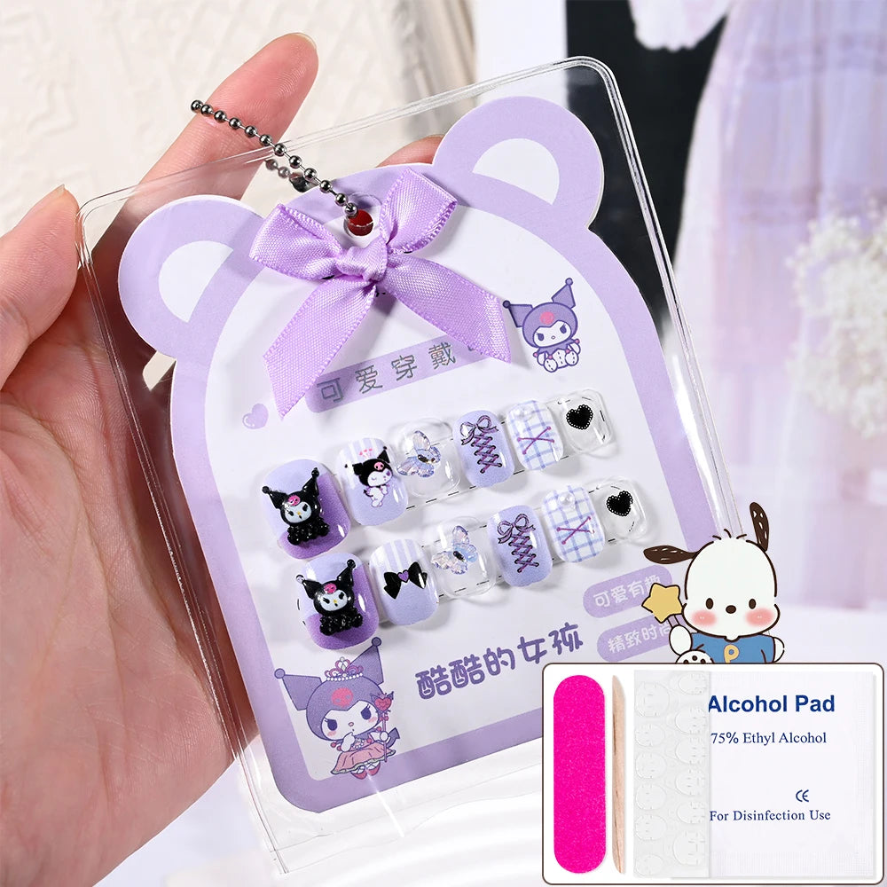 Sanrio Kinder Press-On Nägel – 12 Stück, Hello Kitty, Kuromi, Cartoon Design