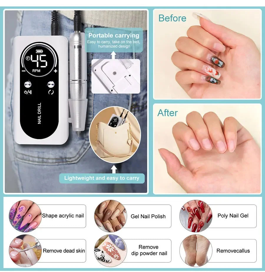 NEW Professional 45000RPM Electric Portable Nail Drill Machine Rechargeable Low Noise Nail Sander File for Manicure Salon Tool