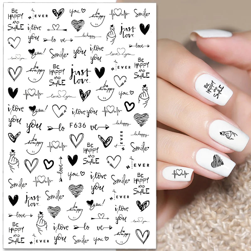 Love & Heart Valentine's Day Nail Stickers – Schwarz Weiß 3D Aufkleber