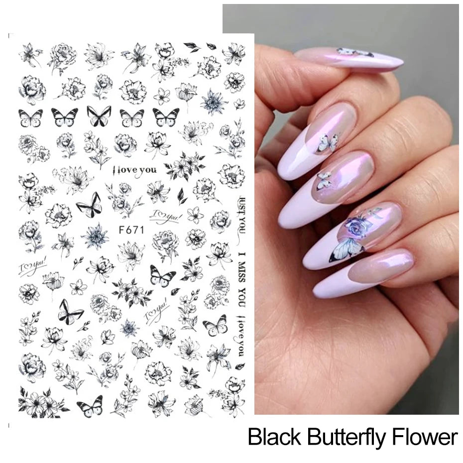 3D Nagelsticker Weißer Pflaumenblüten mit Goldperlen & Schmetterlingen 2.