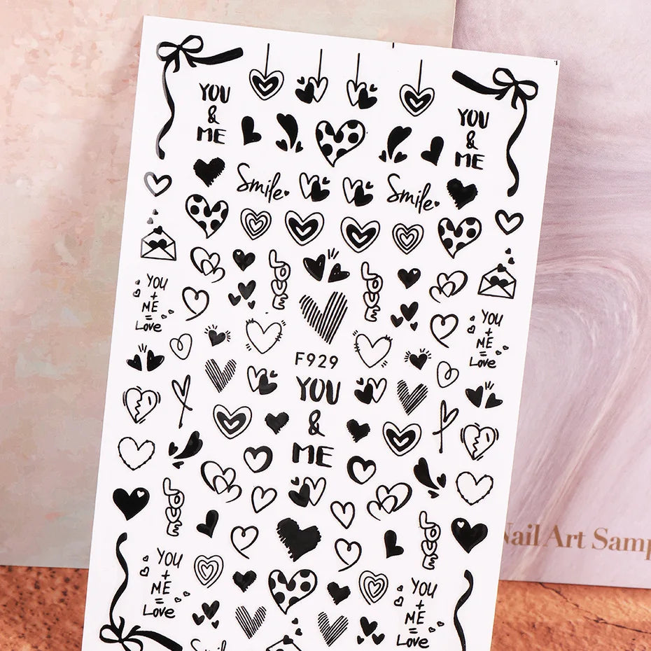Love & Heart Valentine's Day Nail Stickers – Schwarz Weiß 3D Aufkleber