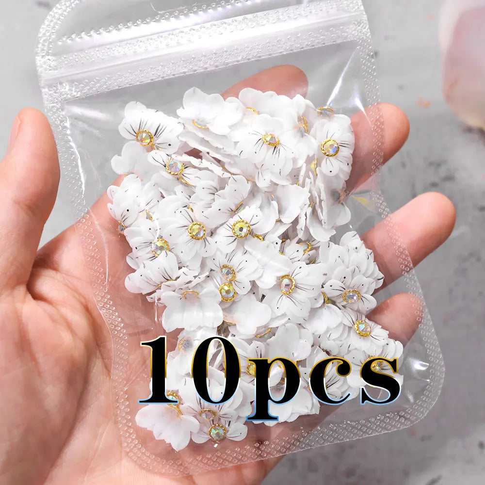 3D Acryl-Blumen Weiß – Nail Art Deko Set (10/12 Stück) mit Strass