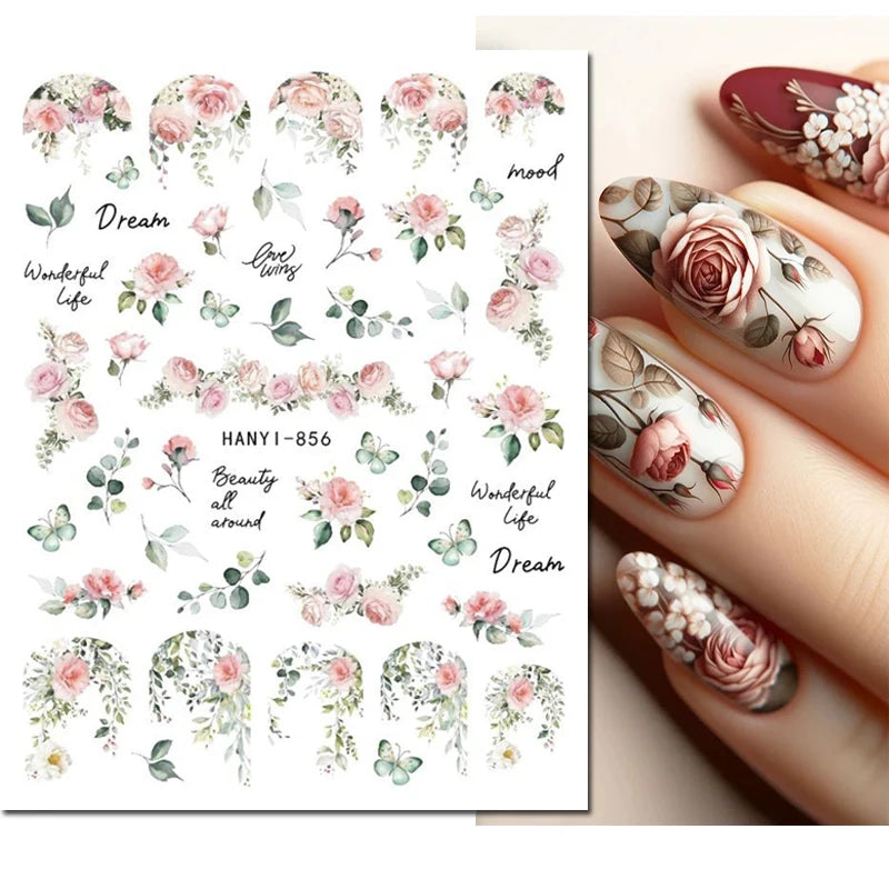 3D Nagelsticker Weißer Pflaumenblüten mit Goldperlen & Schmetterlingen 2.