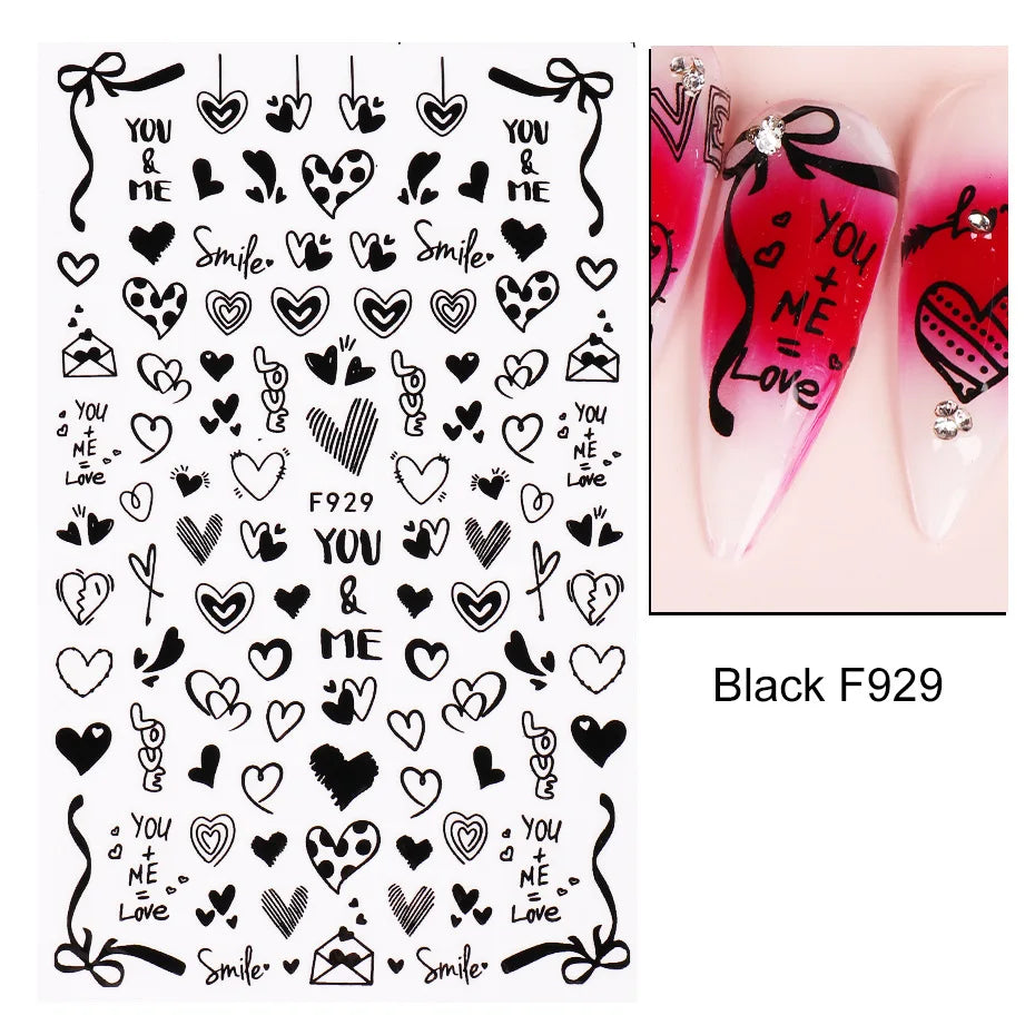 Love & Heart Valentine's Day Nail Stickers – Schwarz Weiß 3D Aufkleber