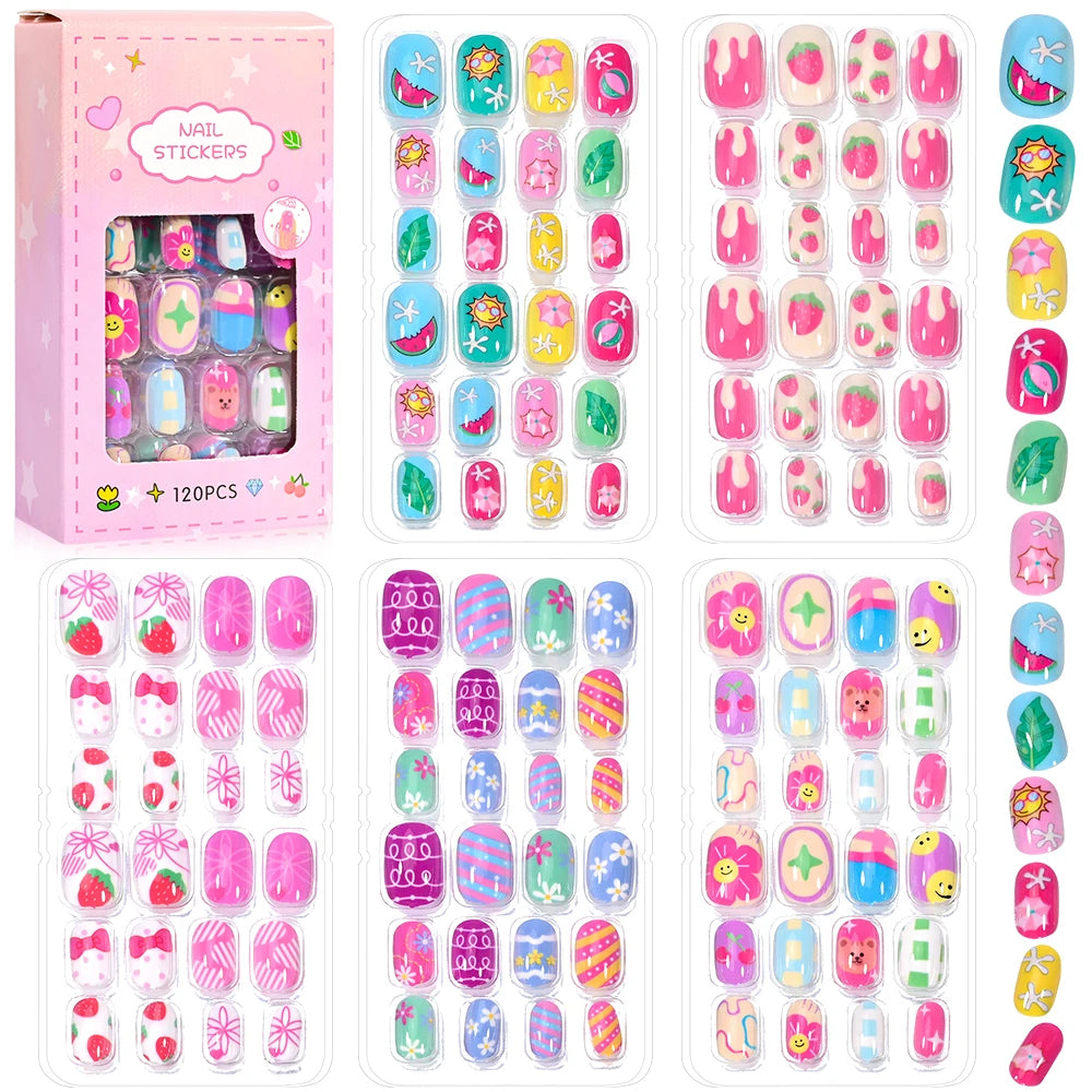 Kinder Press-On Nägel – 120 Stück Pink | Einhorn, Katze, Hase & Cartoon-Design