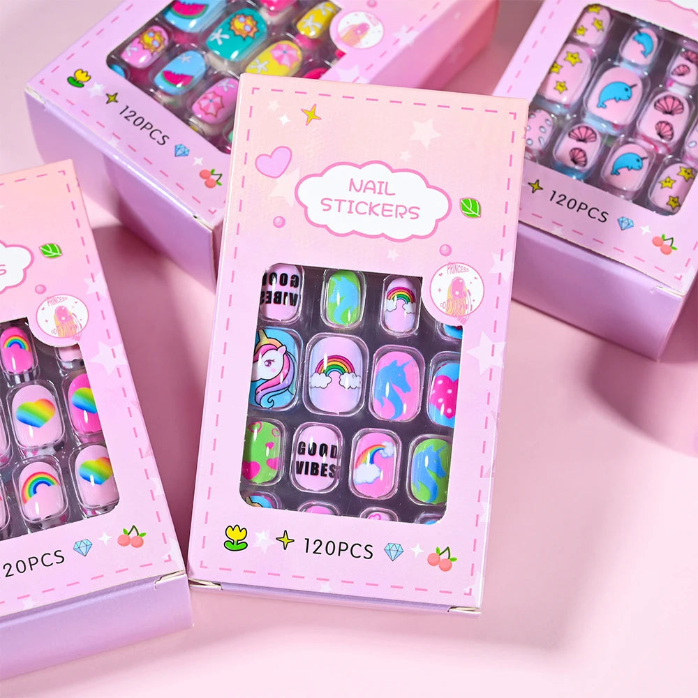 Kinder Press-On Nägel – 120 Stück Pink | Einhorn, Katze, Hase & Cartoon-Design