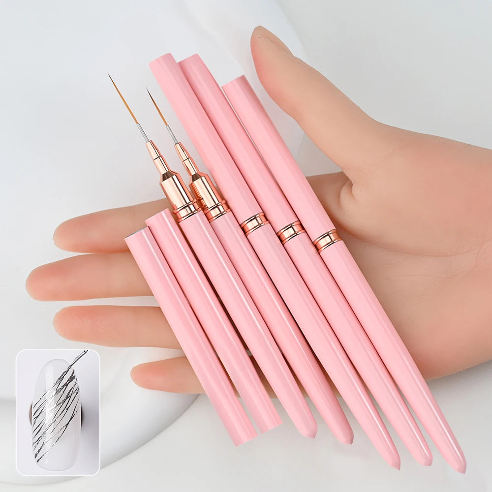 5er-Set Nail Art Liner Pinsel – Rosa, ultrafein für French & Linien (7/10/12/15/20mm)