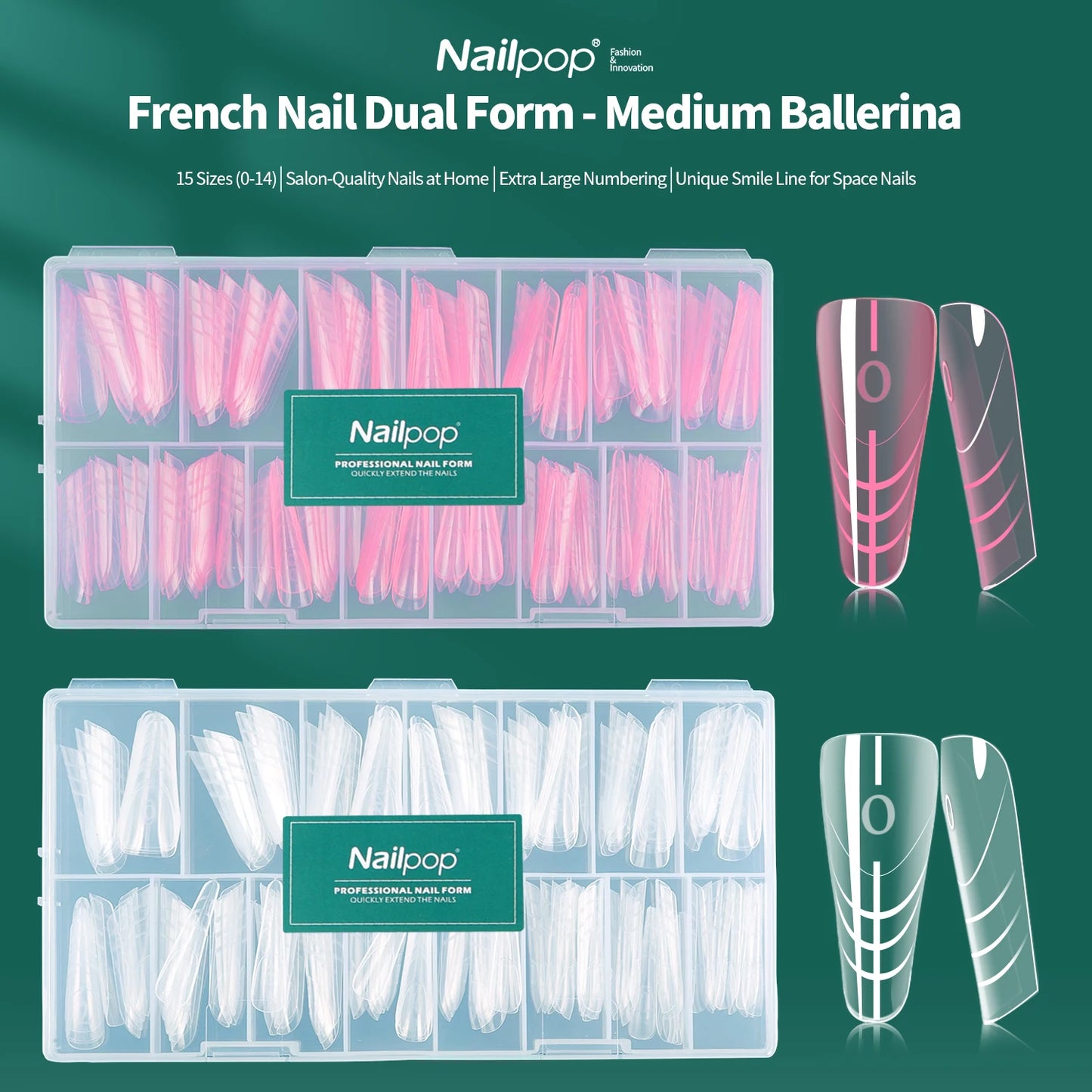 Dual Form Ballerina – 150 Stück | Wiederverwendbare French Tips mit Skala für Polygel & Acryl
