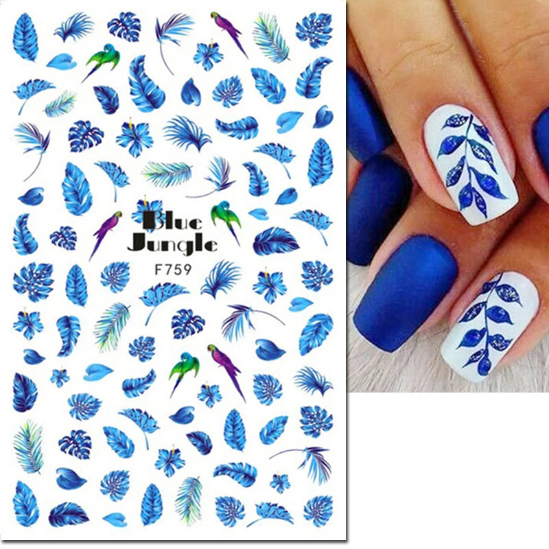 3D Nail Sticker – Tropische Blätter & Linien Design Schwarz & Weiß