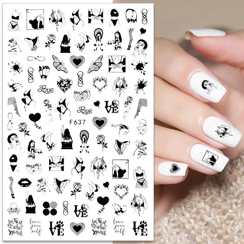 Love & Heart Valentine's Day Nail Stickers – Schwarz Weiß 3D Aufkleber