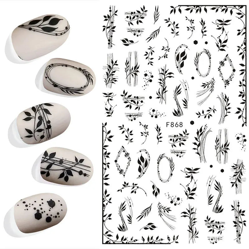 3D Nail Sticker – Tropische Blätter & Linien Design Schwarz & Weiß