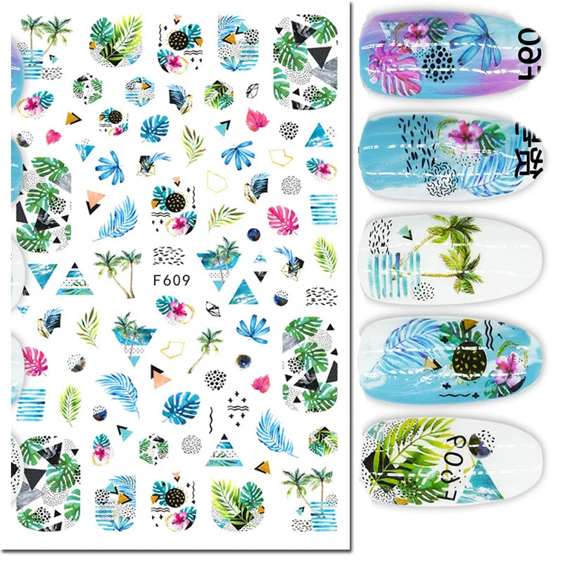 3D Nail Sticker – Tropische Blätter & Linien Design Schwarz & Weiß