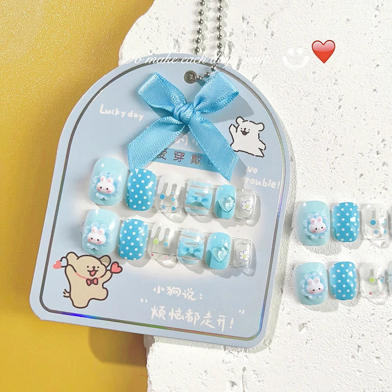 12pcs MINISO Children Press on False Nails Y2k Kawaii Cartoon Design Fake Nails Short Sqare Detachable Manicure Girls Gifts #DGL