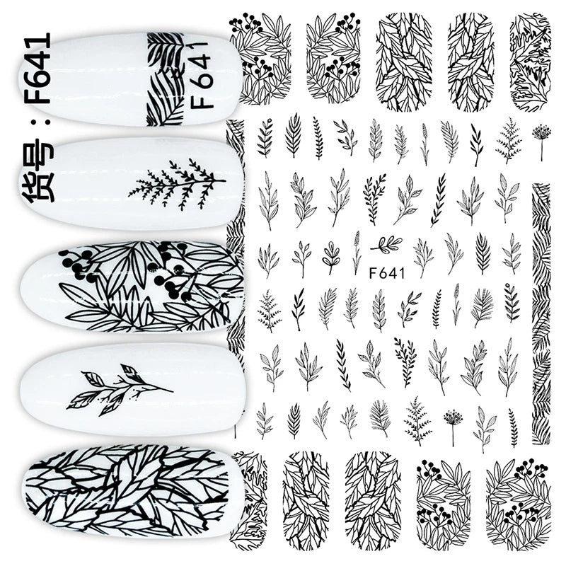 3D Nail Sticker – Tropische Blätter & Linien Design Schwarz & Weiß