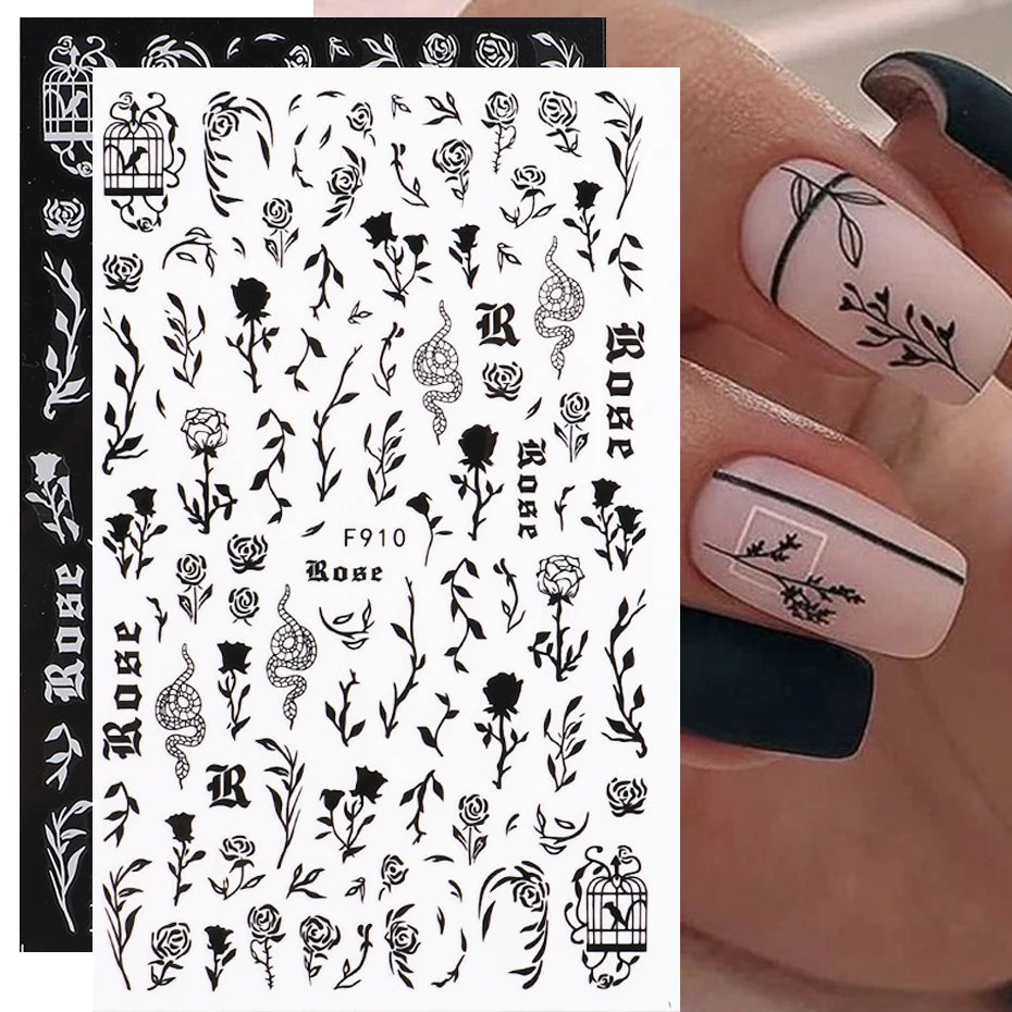 1PCS New 3D Devil's Eye Snake Nail Stickers Nail Art Decoration Black White Flowers Leaves Sticker Nail Art Decals Nail Parts