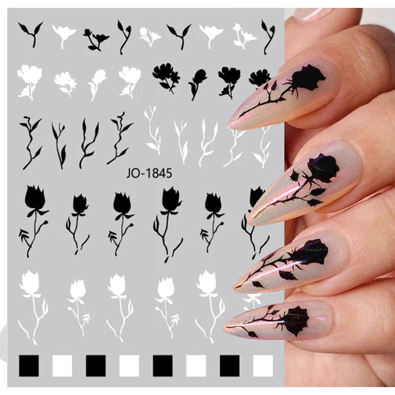 1PCS New 3D Devil's Eye Snake Nail Stickers Nail Art Decoration Black White Flowers Leaves Sticker Nail Art Decals Nail Parts