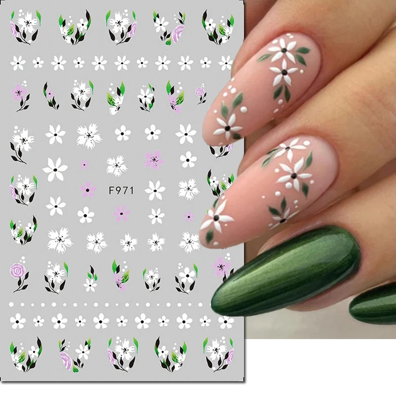3D Nagelsticker Weißer Pflaumenblüten mit Goldperlen & Schmetterlingen 2.