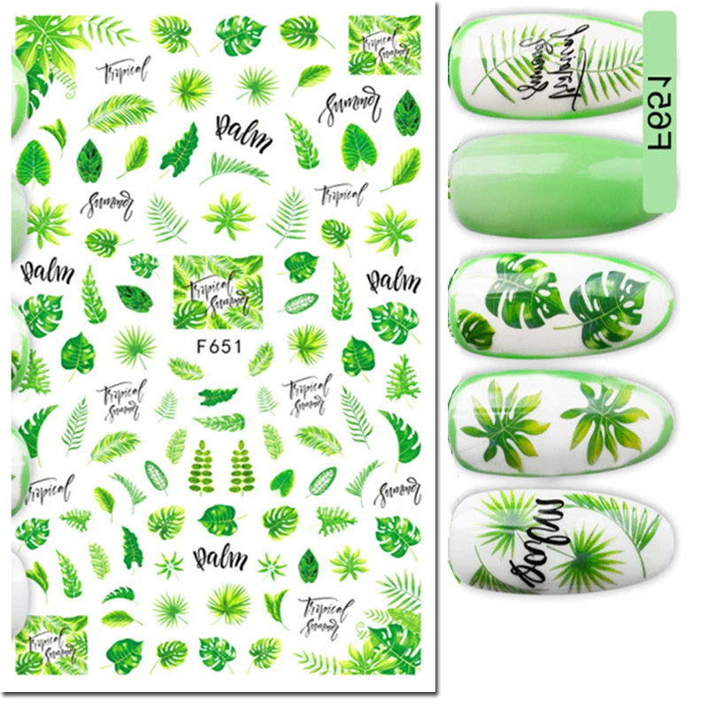 3D Nail Sticker – Tropische Blätter & Linien Design Schwarz & Weiß