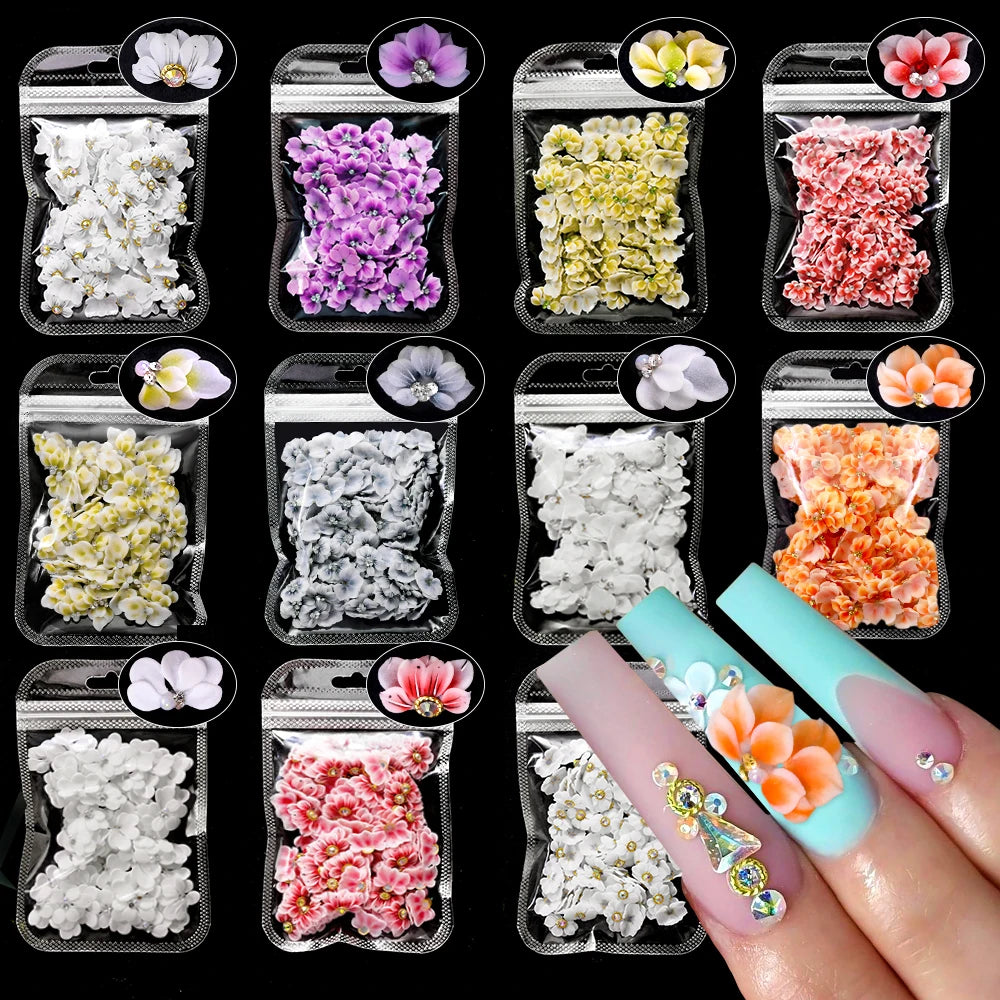 3D Acryl-Blumen Weiß – Nail Art Deko Set (10/12 Stück) mit Strass