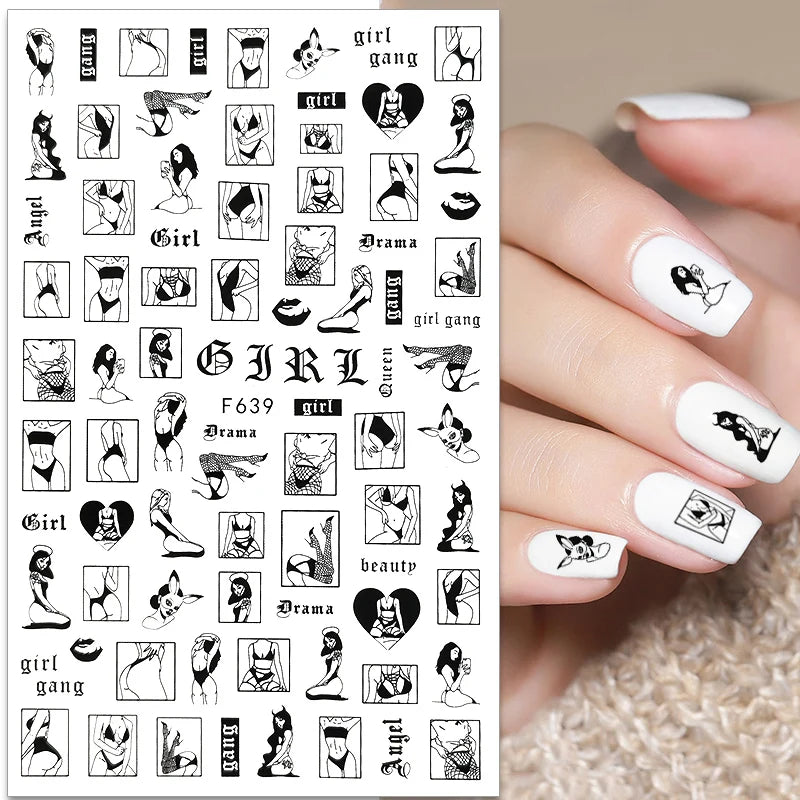 Love & Heart Valentine's Day Nail Stickers – Schwarz Weiß 3D Aufkleber