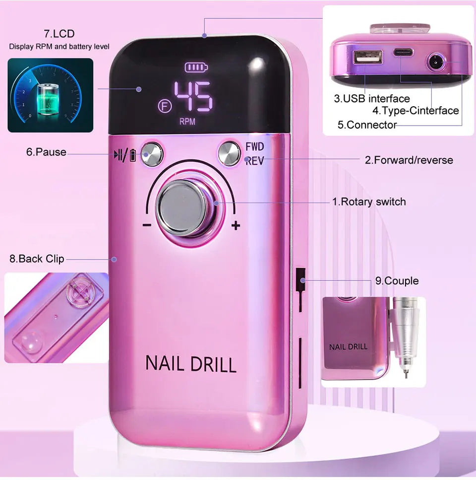 45000RPM Rechargeable Electric Nail Drill Machine Professional Nail Drills for Gel Nails Polish Portable Nail File Manicure Tool