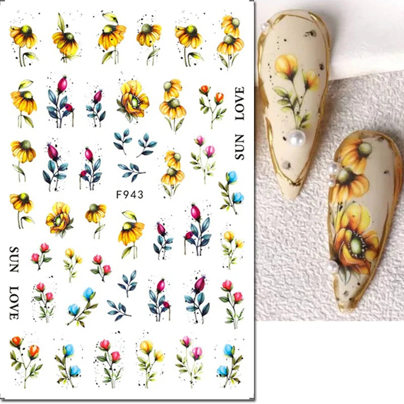 3D Nagelsticker Weißer Pflaumenblüten mit Goldperlen & Schmetterlingen