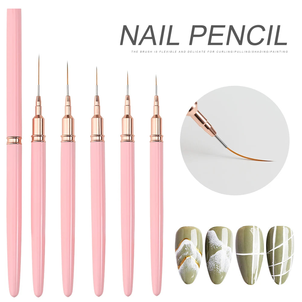 5er-Set Nail Art Liner Pinsel – Rosa, ultrafein für French & Linien (7/10/12/15/20mm)