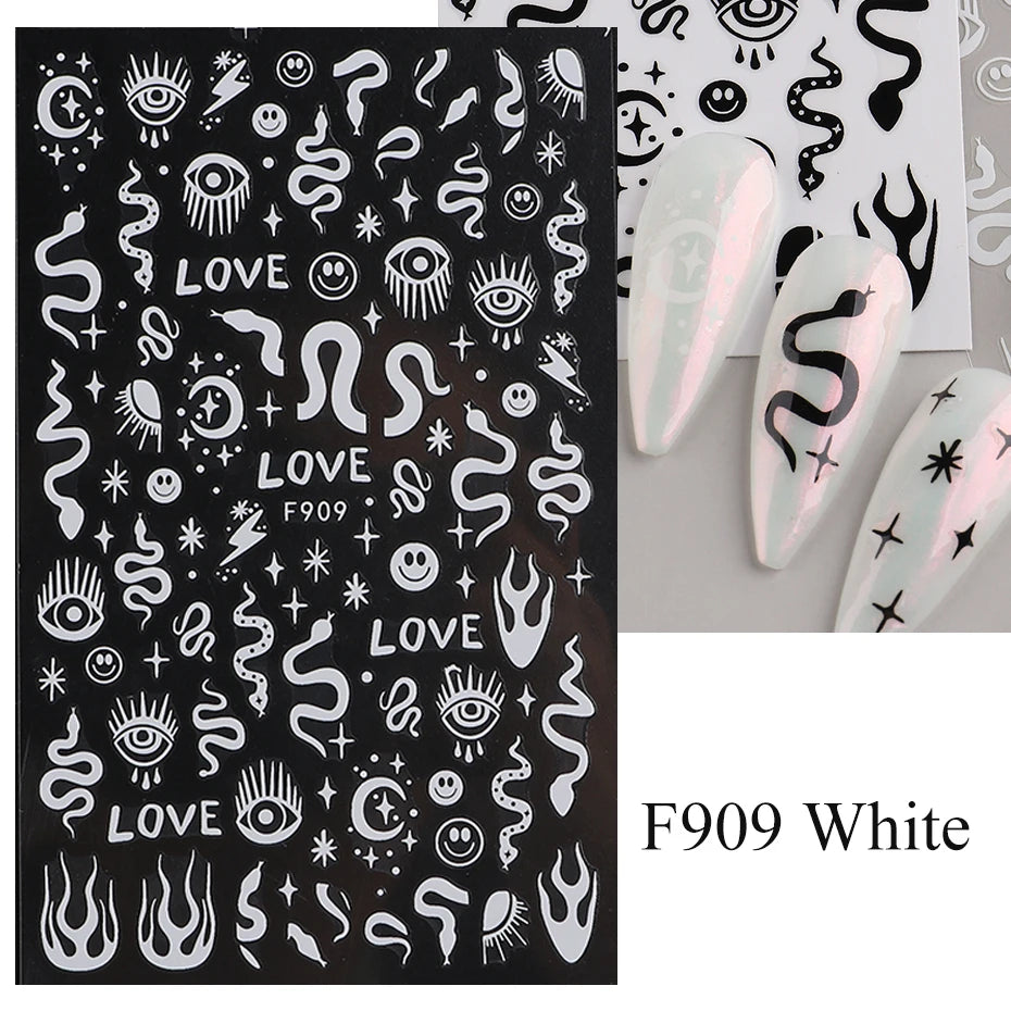 1PCS New 3D Devil's Eye Snake Nail Stickers Nail Art Decoration Black White Flowers Leaves Sticker Nail Art Decals Nail Parts