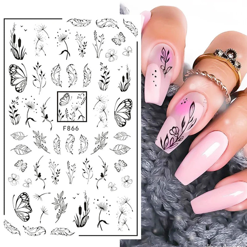 1PCS New 3D Devil's Eye Snake Nail Stickers Nail Art Decoration Black White Flowers Leaves Sticker Nail Art Decals Nail Parts
