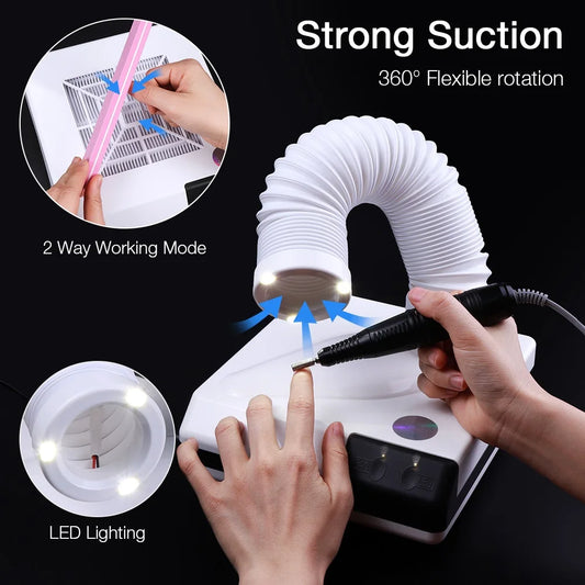 Foreverlily 60W Profi-Nagelstaubabsaugung mit flexibler Absaugarm | Doppelmodus & LED-Licht | Maniküre Staubsauger mit Schlauch