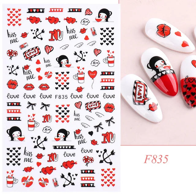 Love & Heart Valentine's Day Nail Stickers – Schwarz Weiß 3D Aufkleber